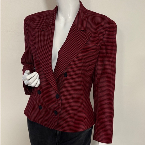 Vintage Jones New York Red & Black Houndstooth Double Breasted Cropped Blazer - Picture 4 of 5